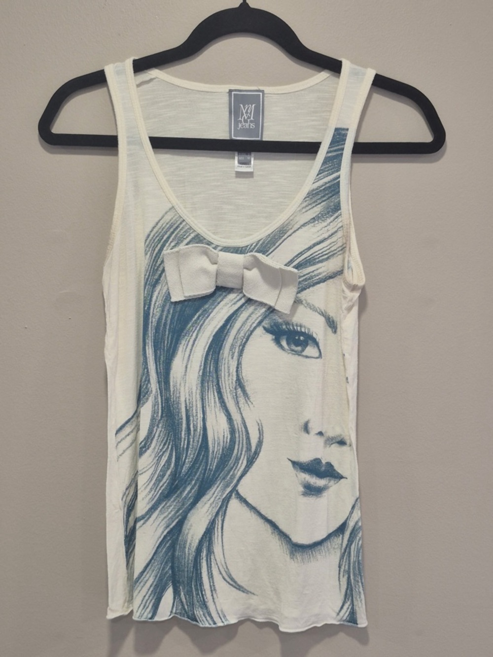 Y2K Mango MNG Jeans White Graphic Top - 3D Bow Detail - Size S